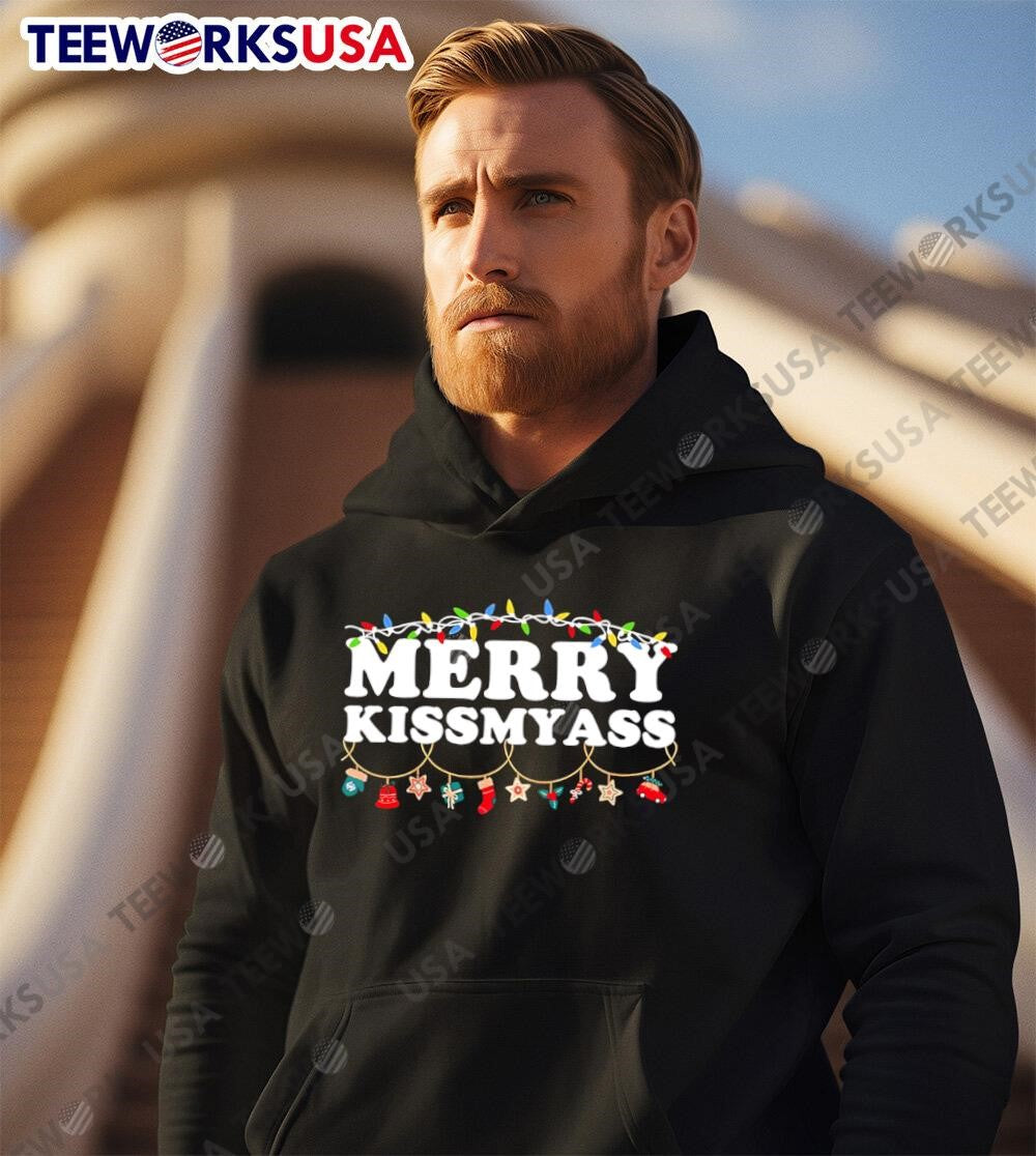 Merry Kissmyass Christmas Lights - Adult & Kids T-Shirts, Sweatshirts & Hoodies apparel design preview 2
