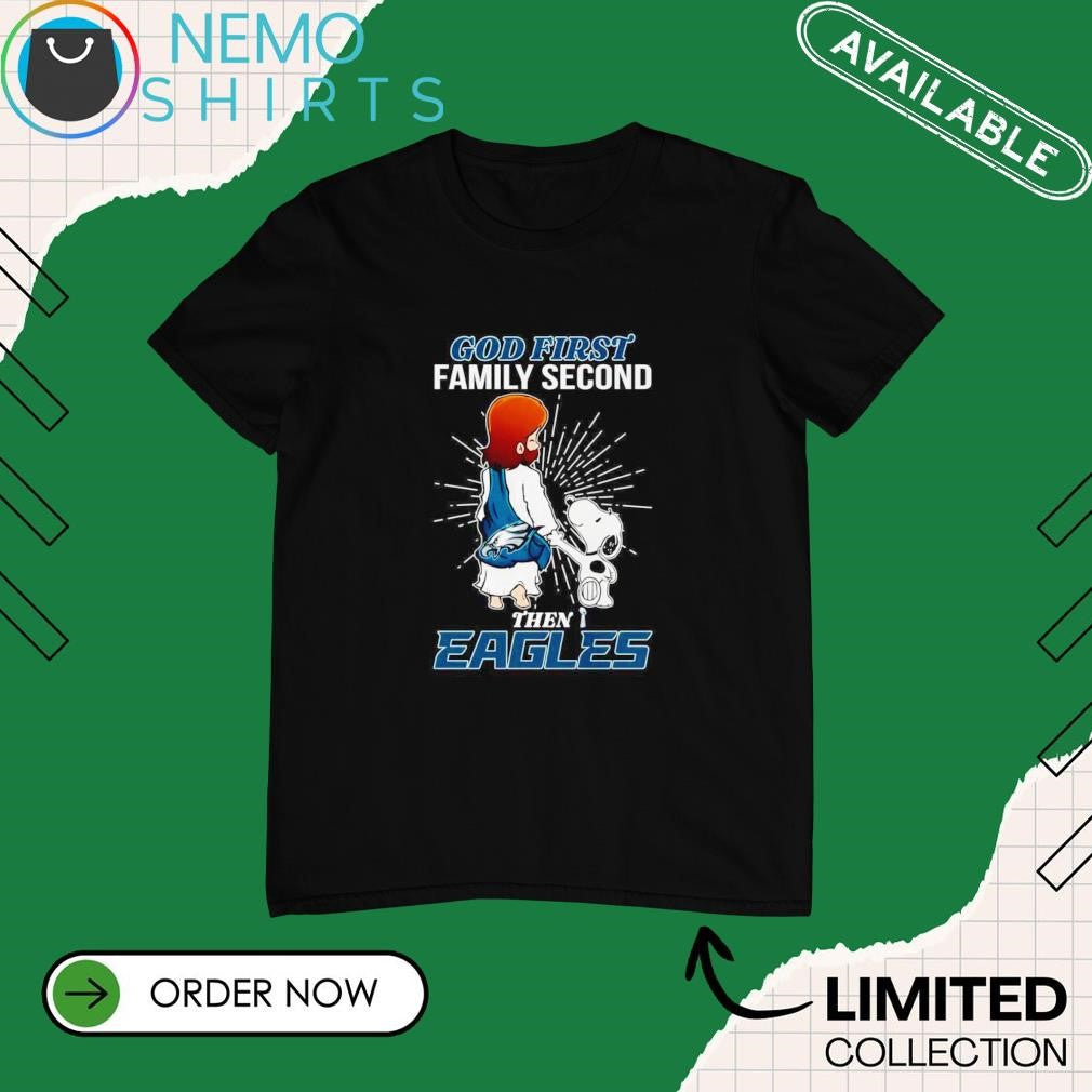 Jesus and Snoopy god first family second then Eagles - Adult & Kids T-Shirts, Sweatshirts & Hoodies apparel design preview 1