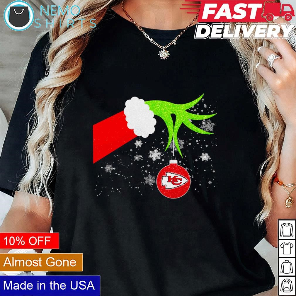 Grinch hand with ornament Kansas City Chiefs - Adult & Kids T-Shirts, Sweatshirts & Hoodies apparel design preview 1
