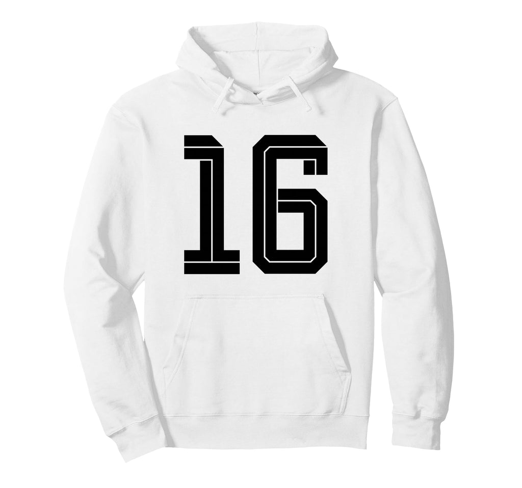 16 White Number 16 Sports Fan Soccer Hoodie - Unique Graphic for Adults - T-Shirt, Sweatshirt, Hoodie