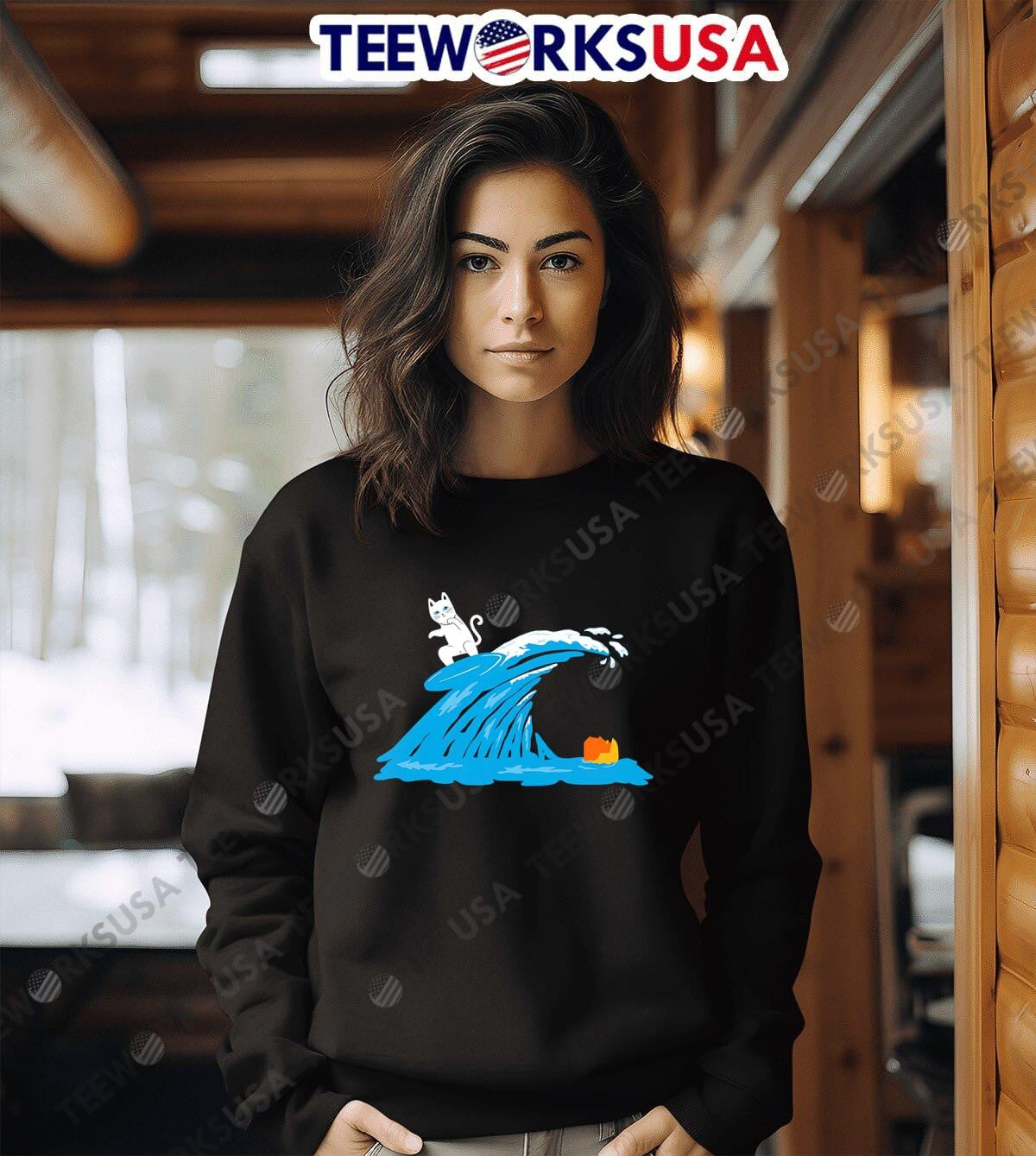 Skateboarding cat on Kamala wave engulfs Trump - Adult & Kids T-Shirts, Sweatshirts & Hoodies apparel design preview 3