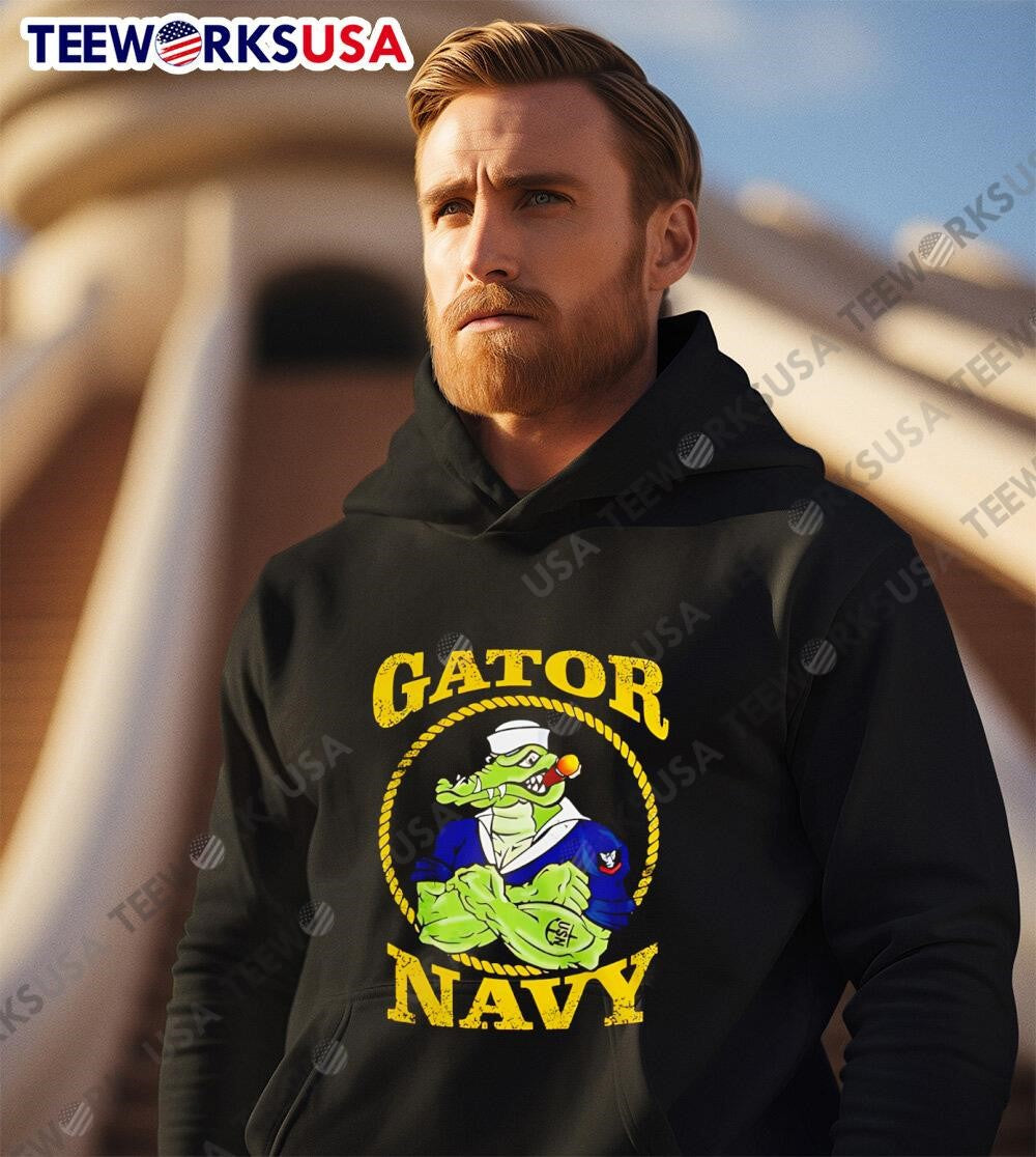 Gator Navy mascot smokes a cigar retro - Adult & Kids T-Shirts, Sweatshirts & Hoodies apparel design preview 3