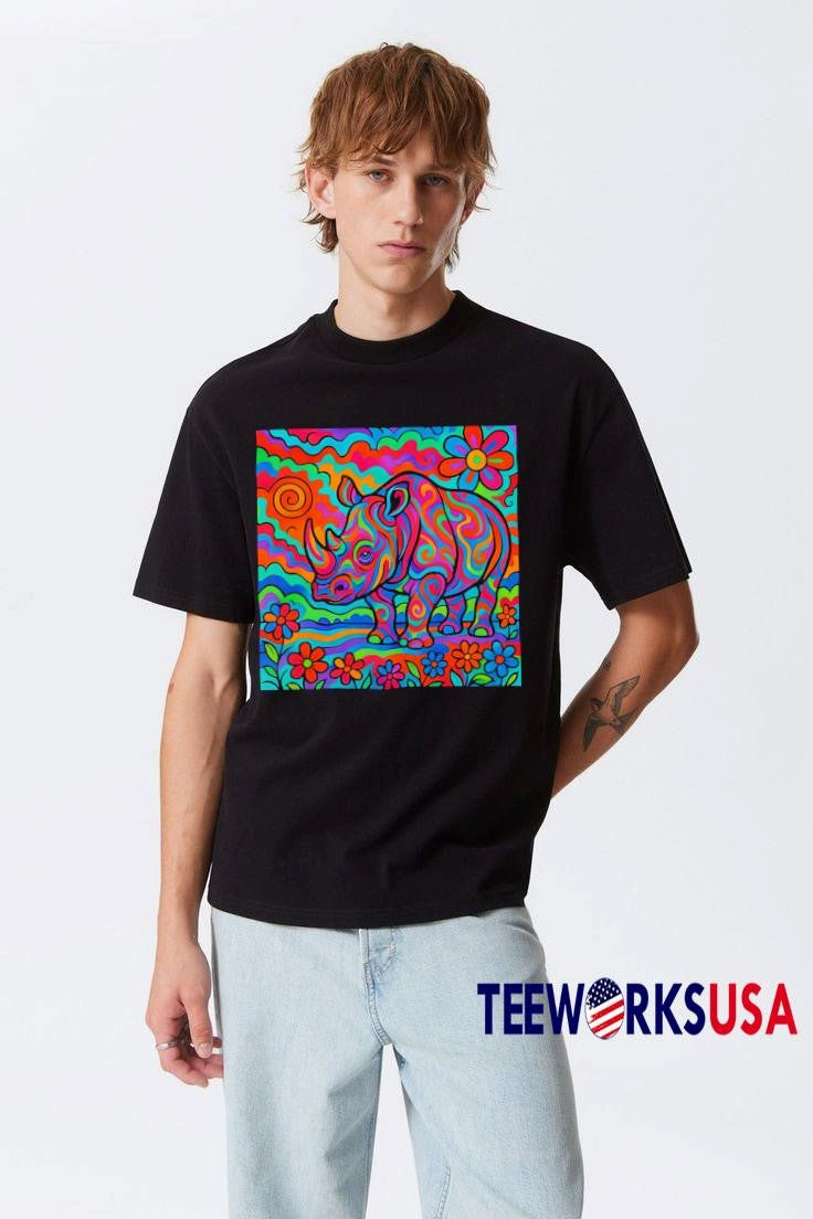 Rainbow Rhino Art Style - Adult & Kids T-Shirts, Sweatshirts & Hoodies apparel design preview 3
