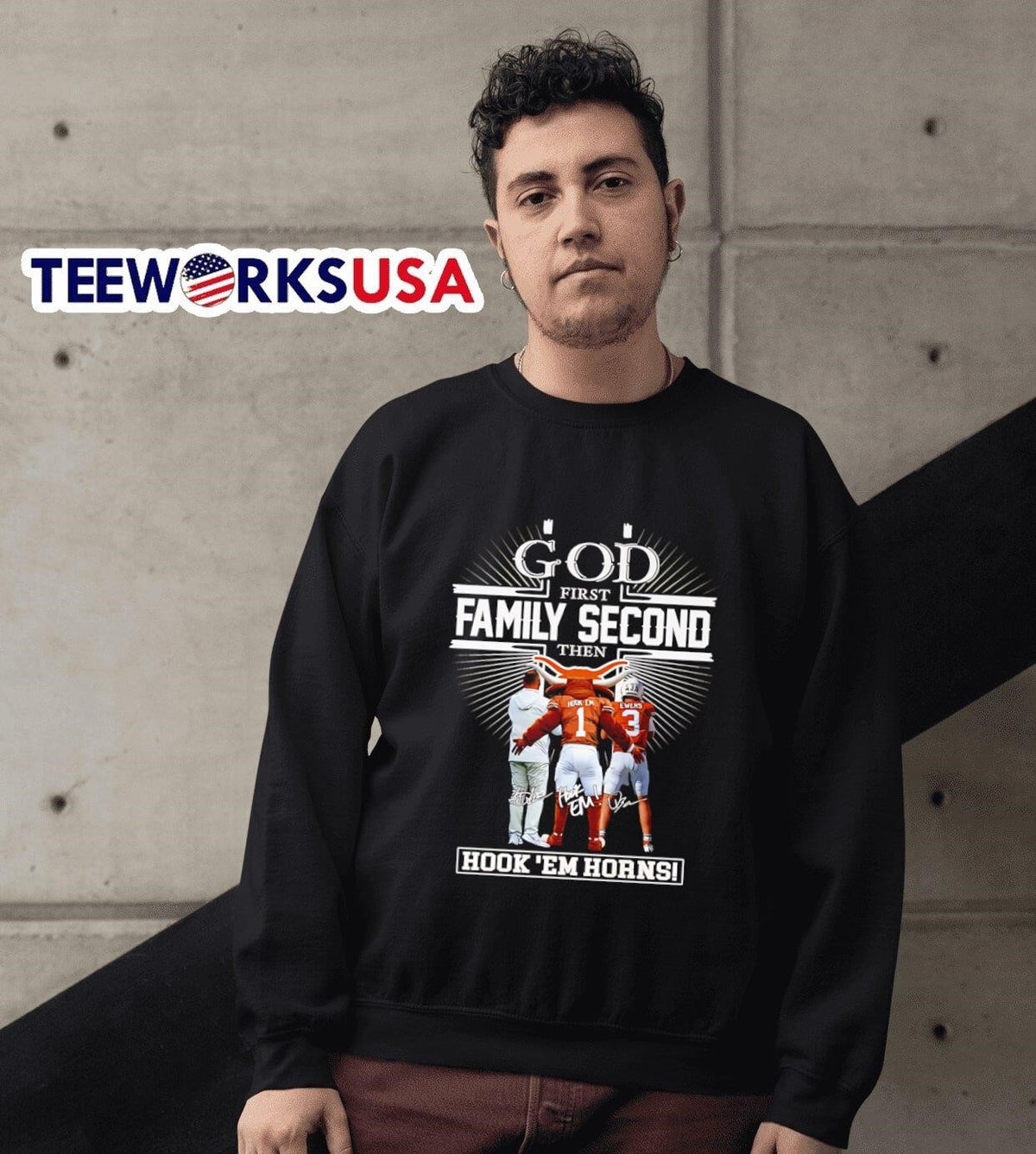 God first family second then hook 'em horns coach - Adult & Kids T-Shirts, Sweatshirts & Hoodies apparel design preview 6