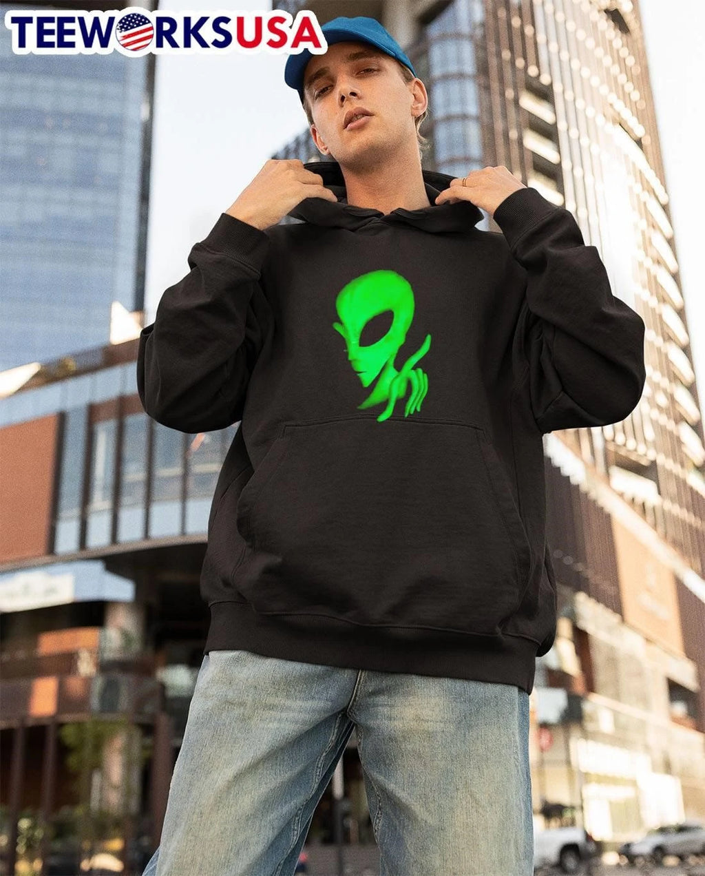 Glowing Neon Green Extraterrestrial Alien Head Hand - Adult & Kids T-Shirts, Sweatshirts & Hoodies apparel design preview 3
