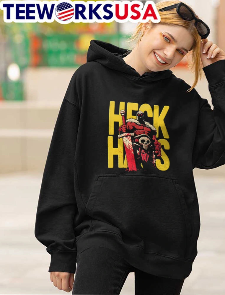 Heck Hits red armored warrior holding sword - Adult & Kids T-Shirts, Sweatshirts & Hoodies apparel design preview 4