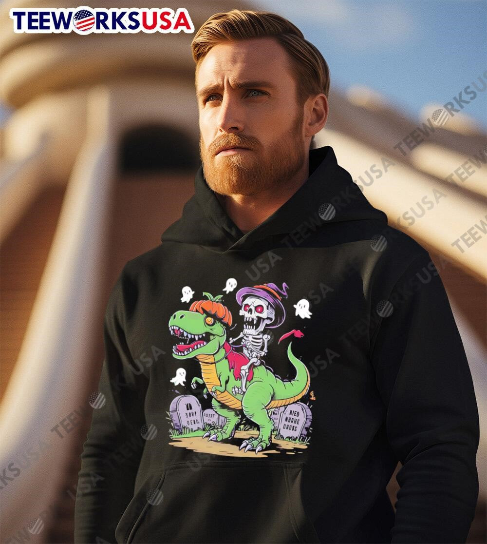 Skeleton Riding Mummy Dinosaur T Rex Halloween retro - Adult & Kids T-Shirts, Sweatshirts & Hoodies apparel design preview 2