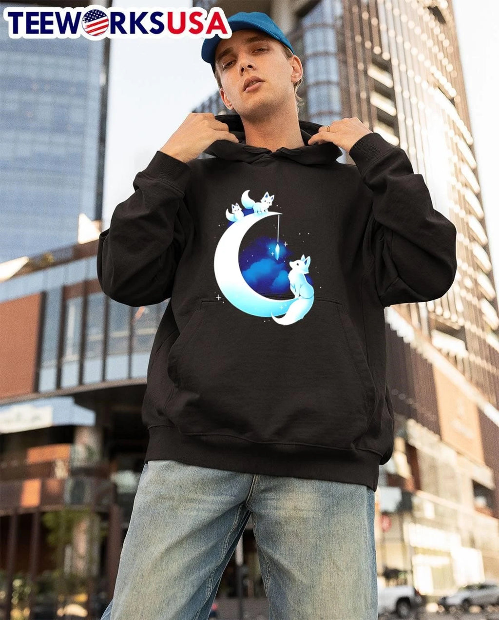 Glowing White Arctic Foxes Crescent Moon Hanging - Adult & Kids T-Shirts, Sweatshirts & Hoodies apparel design preview 3