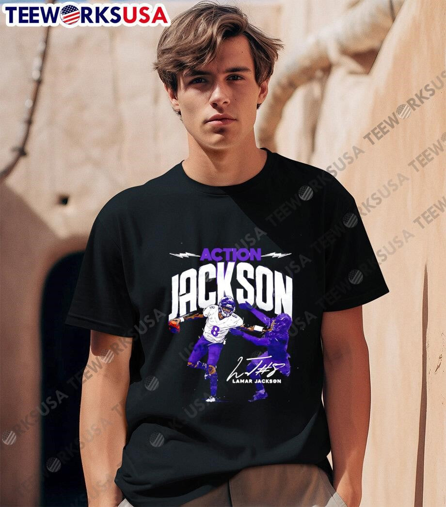 Action Lamar Jackson Baltimore Ravens signature - Adult & Kids T-Shirts, Sweatshirts & Hoodies apparel design preview 1