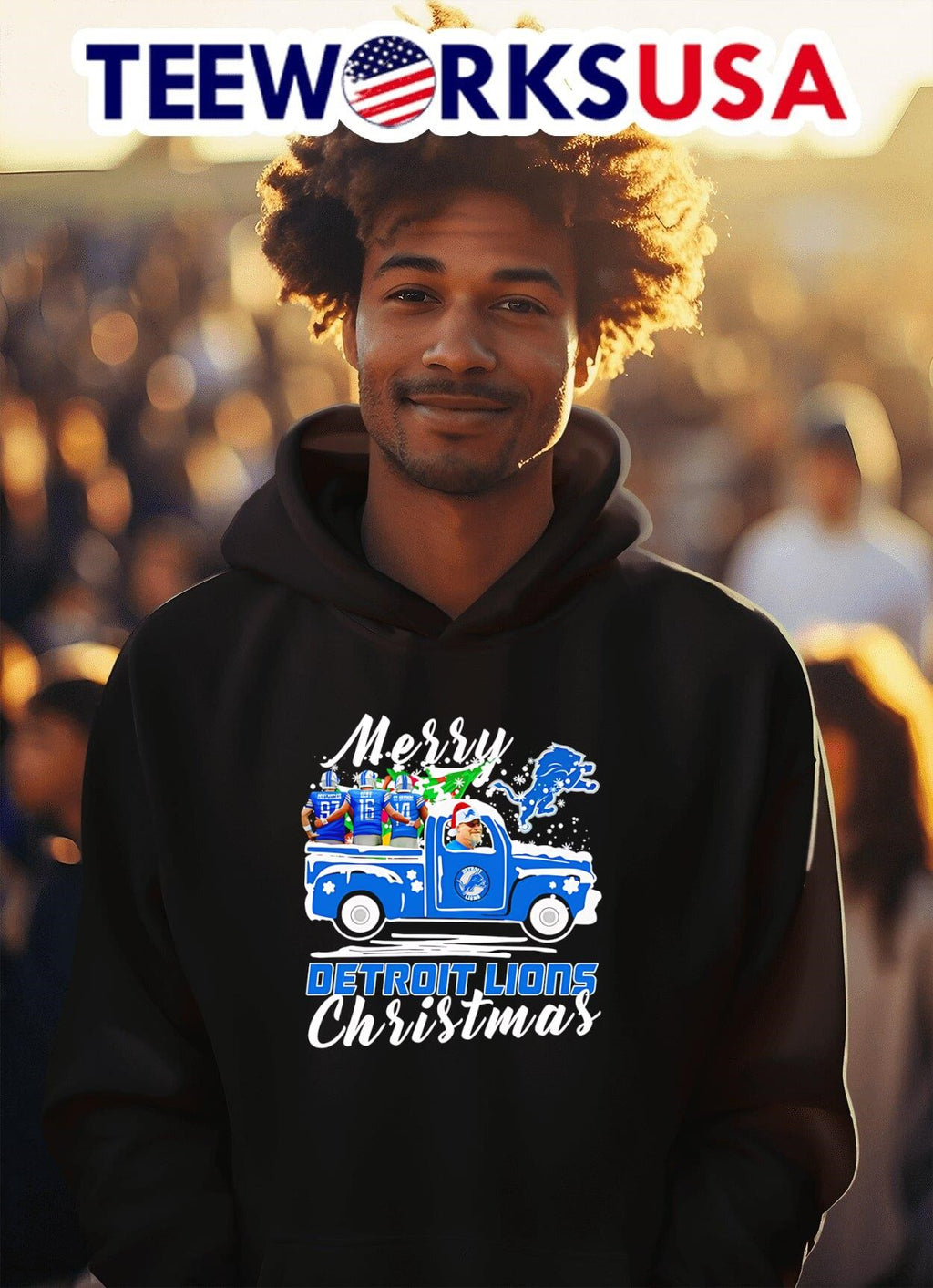 Dan Campbell riding truck Merry Detroit Lions - Adult & Kids T-Shirts, Sweatshirts & Hoodies apparel design preview 2