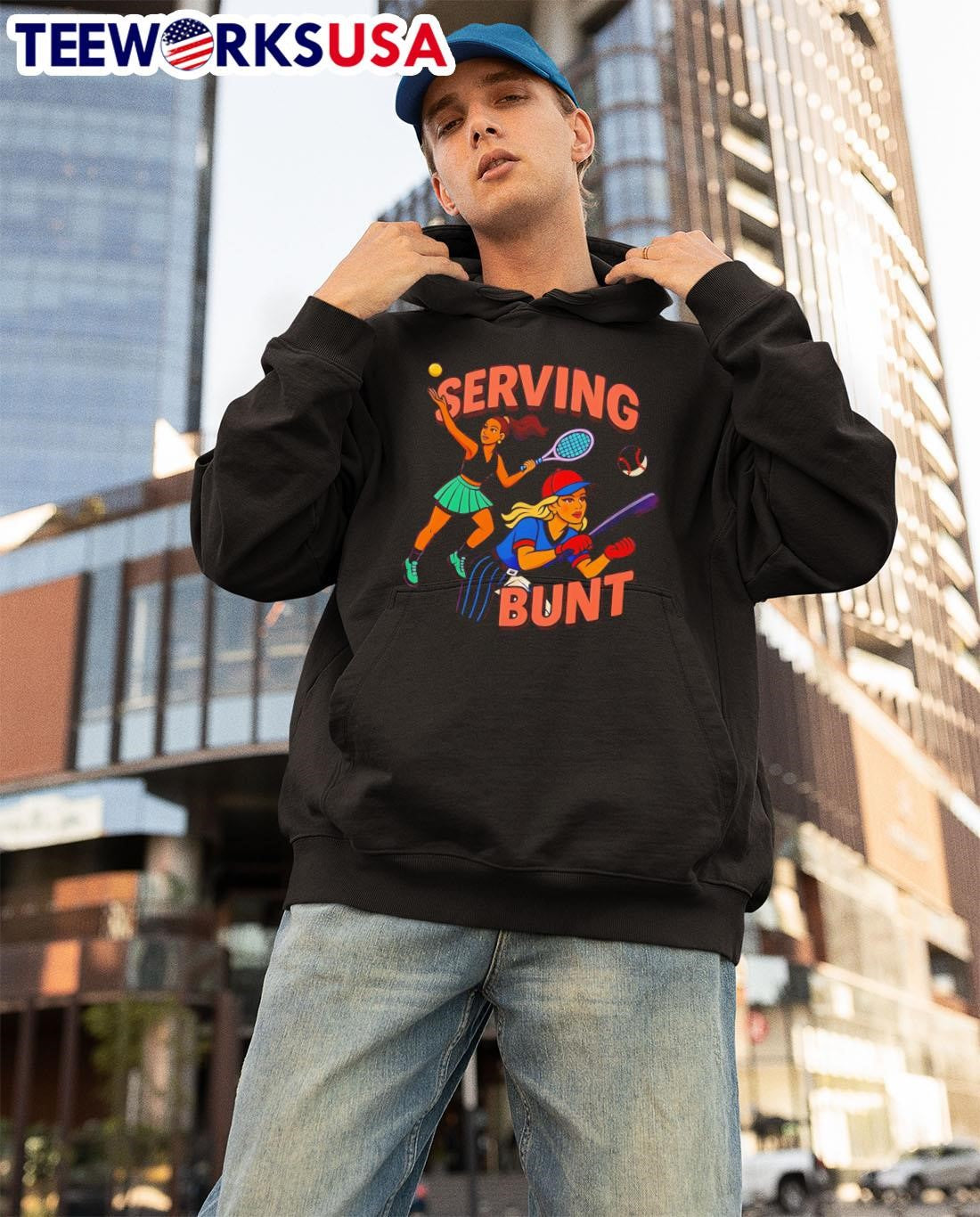 Serving Bunt tennis and baseball cartoon - Adult & Kids T-Shirts, Sweatshirts & Hoodies apparel design preview 3