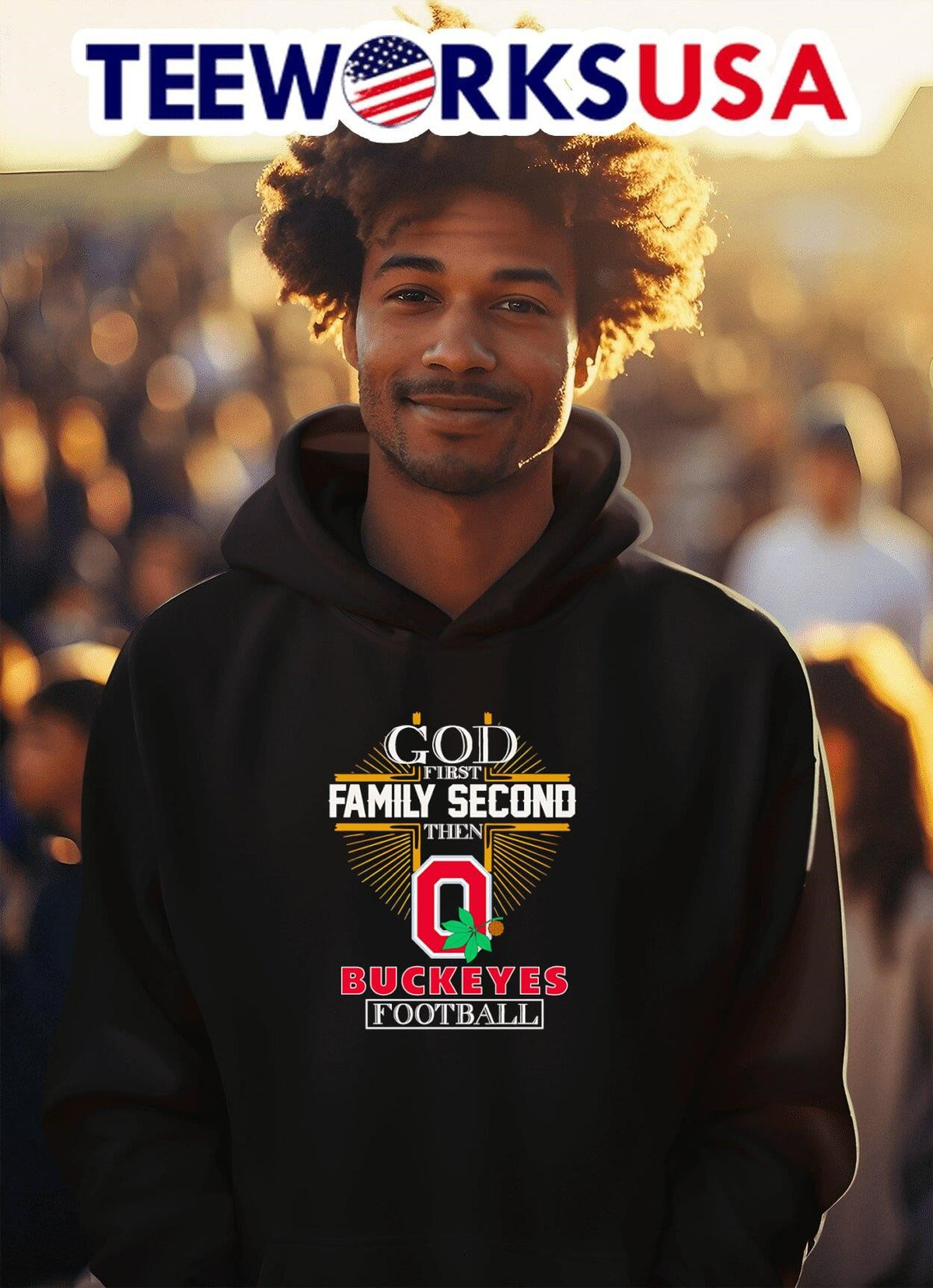 Cross God first family second then Buckeyes football - Adult & Kids T-Shirts, Sweatshirts & Hoodies apparel design preview 2