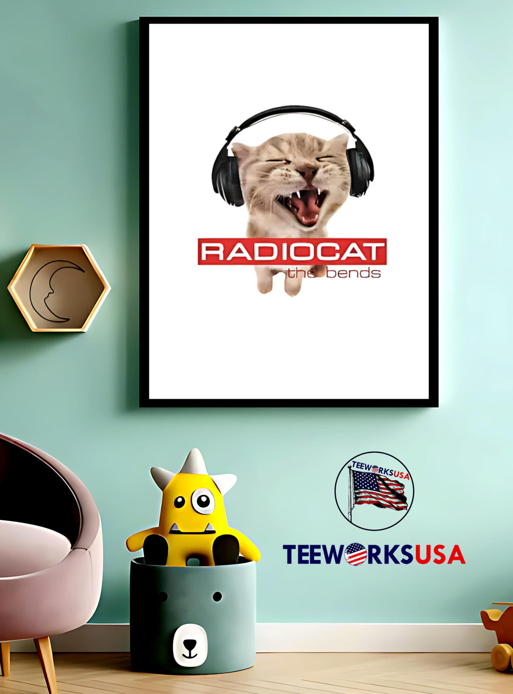 Radiocat the bends cat wearing headphones - Adult & Kids T-Shirts, Sweatshirts & Hoodies apparel design preview 3