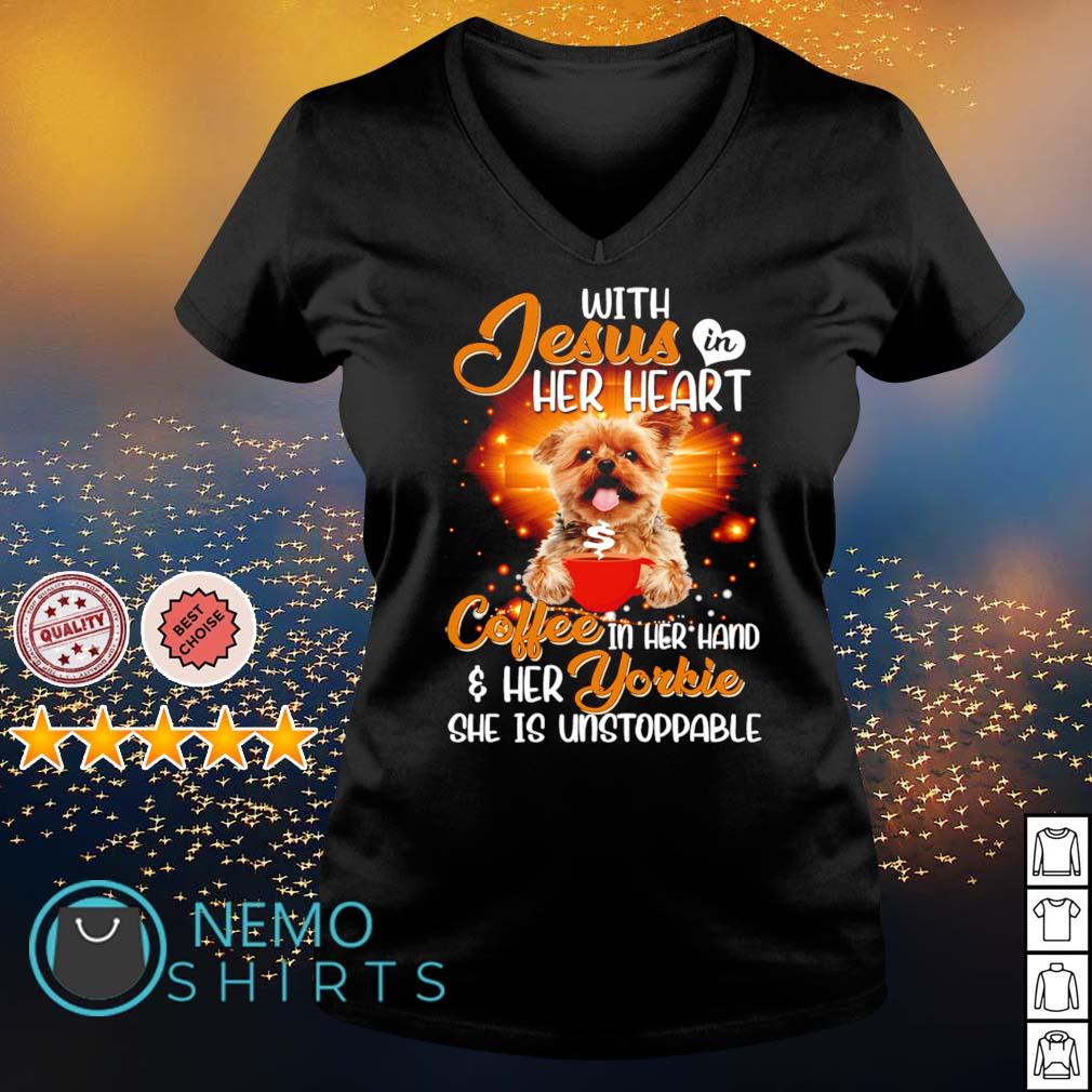 With Jesus in her heart coffee hand and Yorkie - Adult & Kids T-Shirts, Sweatshirts & Hoodies apparel design preview 5