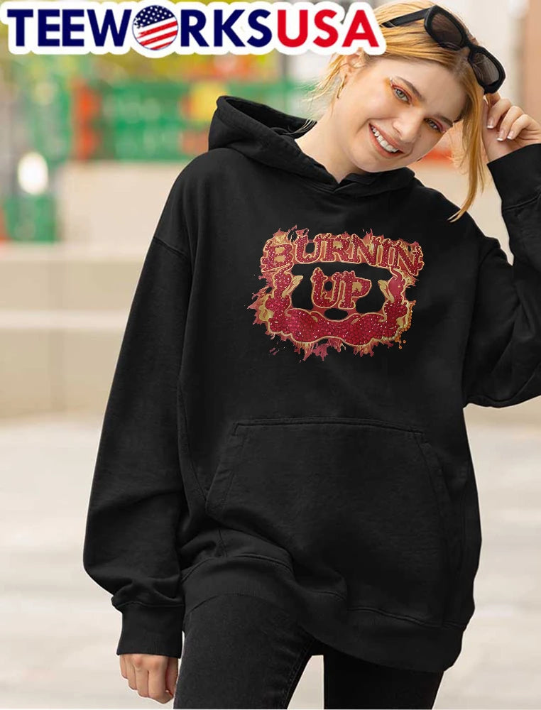 Burnin Up Red Rhinestone Gemstone Lettering Flaming - Adult & Kids T-Shirts, Sweatshirts & Hoodies apparel design preview 4