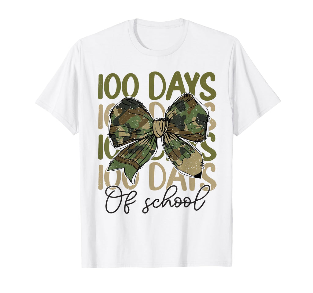 100 Days School Camo Coquette Bow Pencil T-Shirt - Unique Graphic Unisex - T-Shirt, Sweatshirt, Hoodie