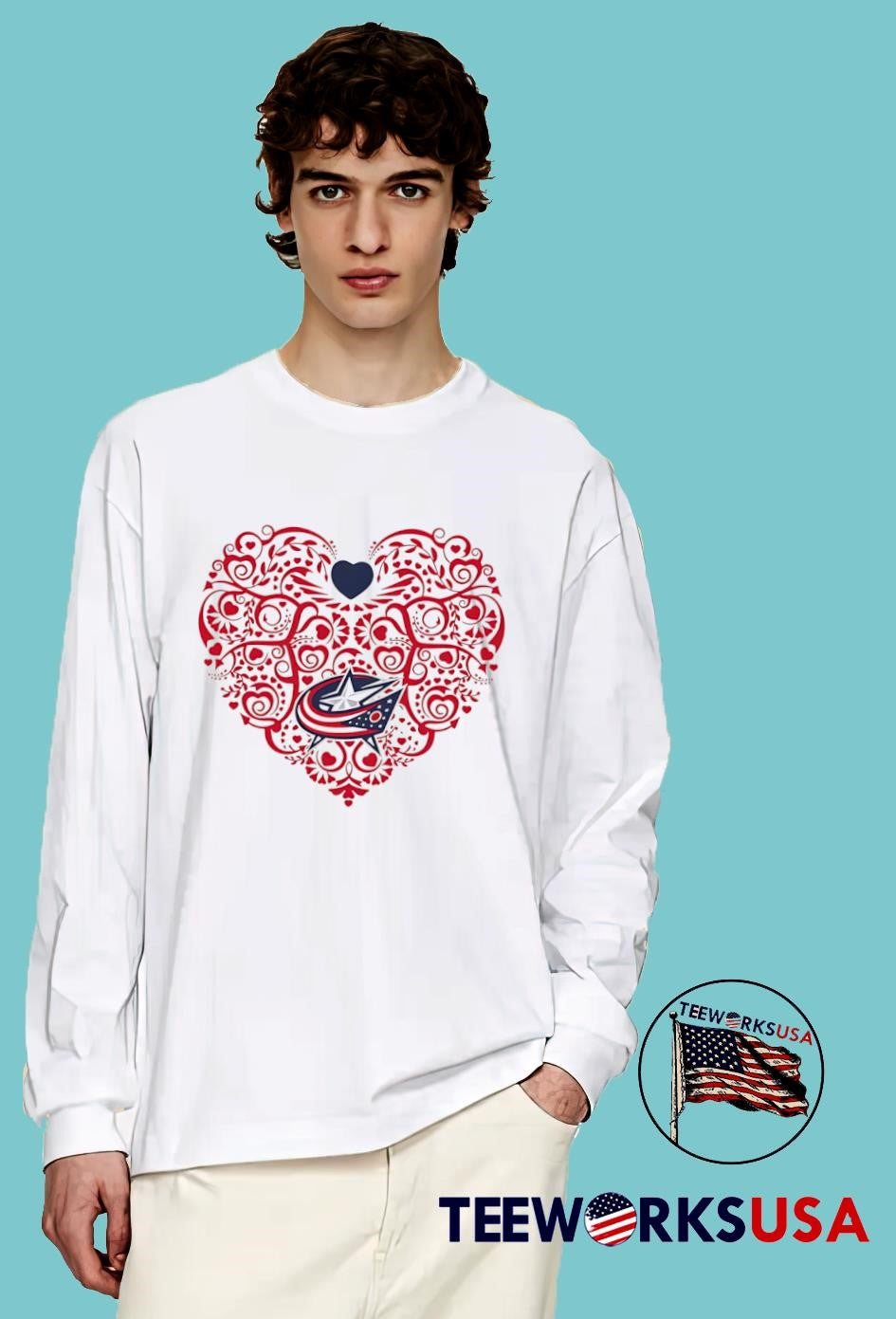 Columbus Blue Jackets Floral Pattern Heart logo - Adult & Kids T-Shirts, Sweatshirts & Hoodies apparel design preview 4