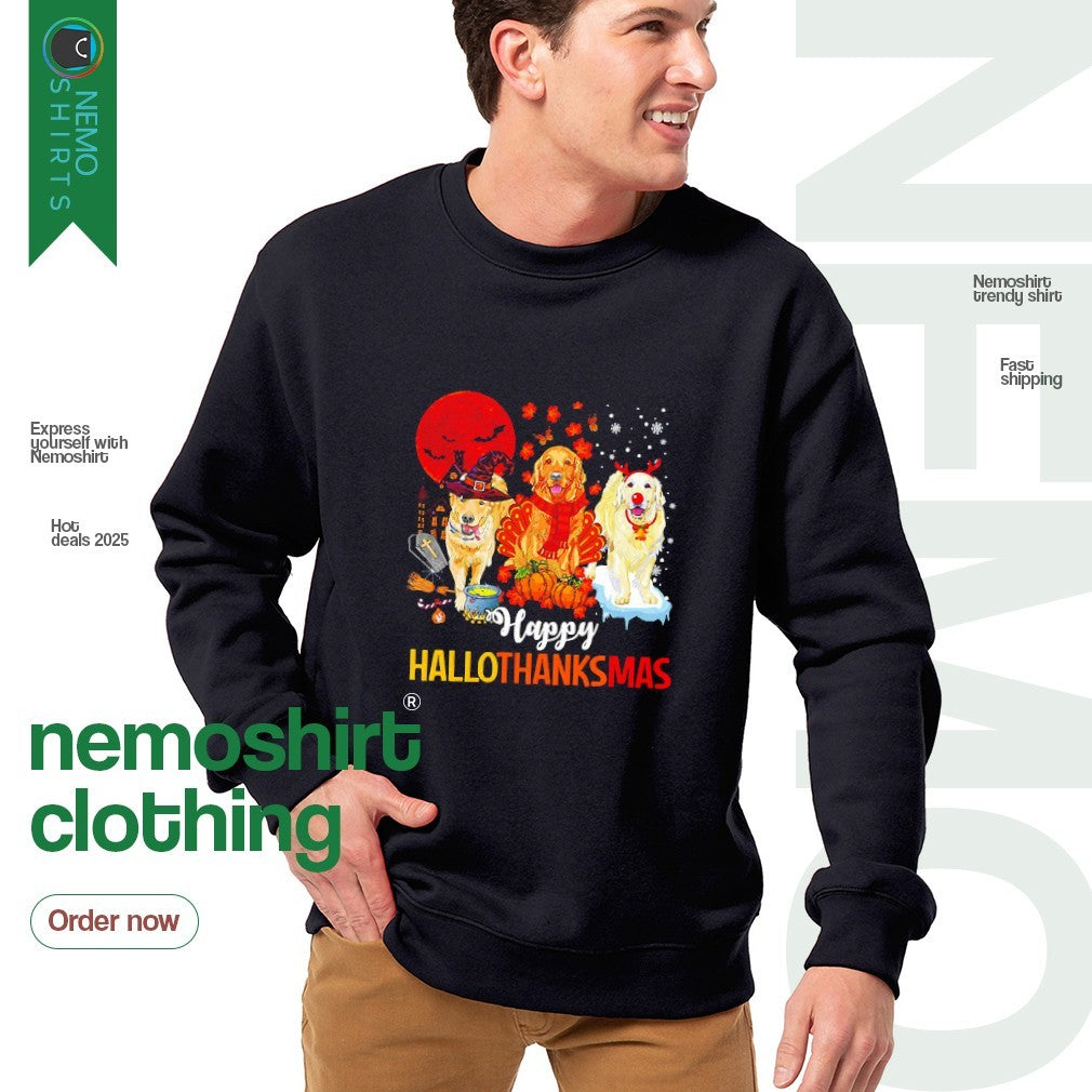 Golden dogs happy hallothanksmas - Adult & Kids T-Shirts, Sweatshirts & Hoodies apparel design preview 4