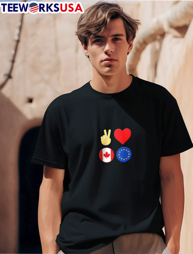 Peace love Canada European Union - Adult & Kids T-Shirts, Sweatshirts & Hoodies apparel design preview 1