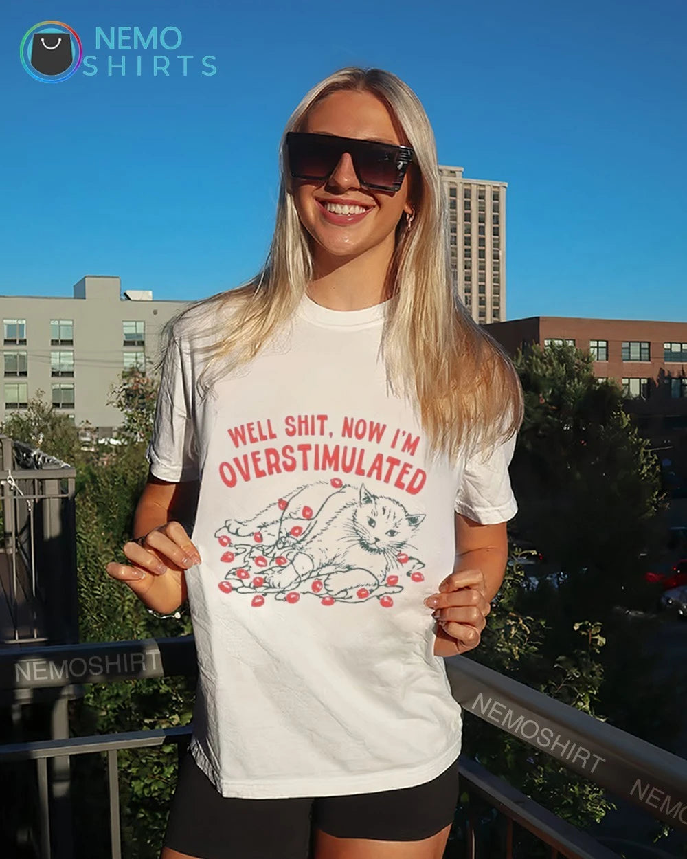 Well Shit Now I'm Overstimulated Cat christmas lights - Adult & Kids T-Shirts, Sweatshirts & Hoodies apparel design preview 6