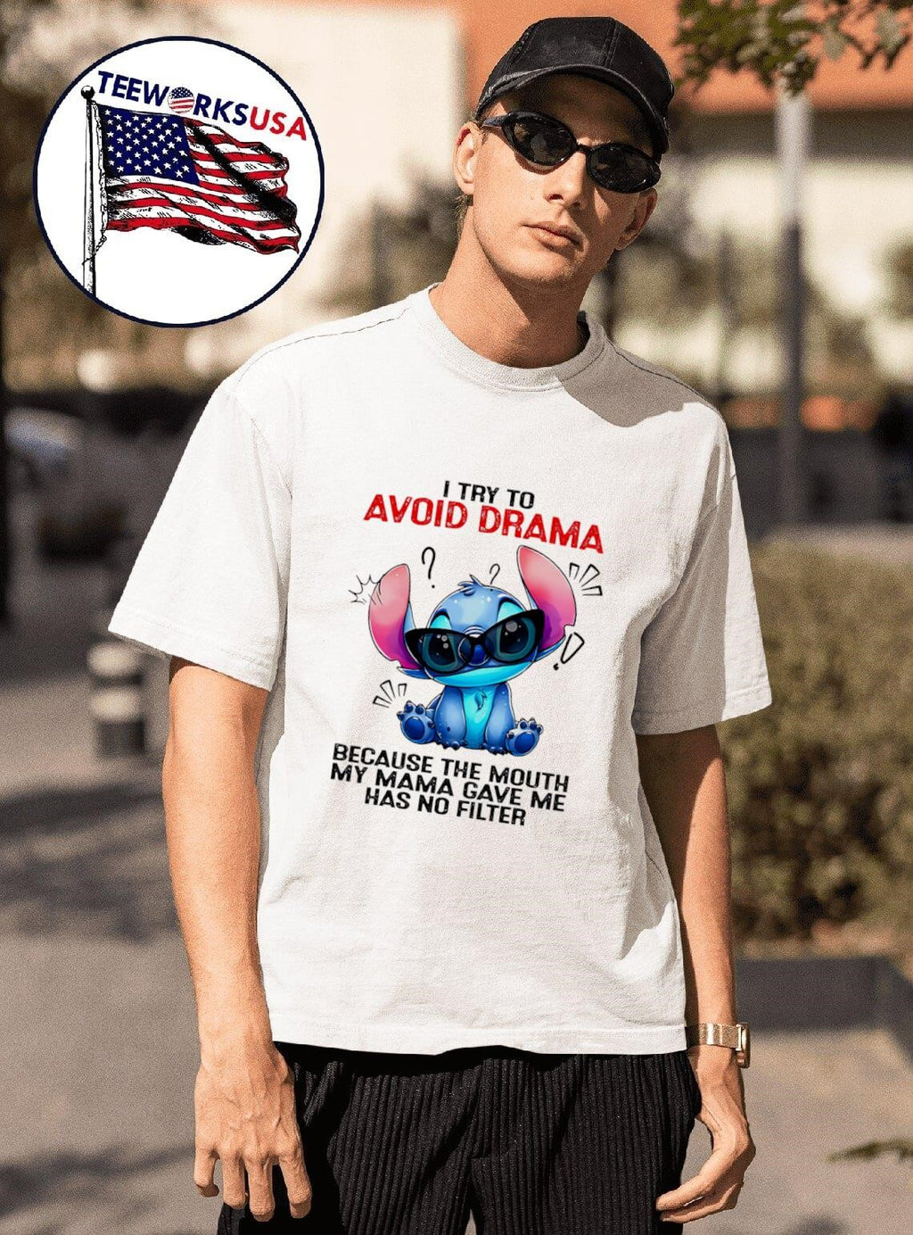 Stitch I try to avoid drama because the mouth my mama - Adult & Kids T-Shirts, Sweatshirts & Hoodies apparel design preview 1