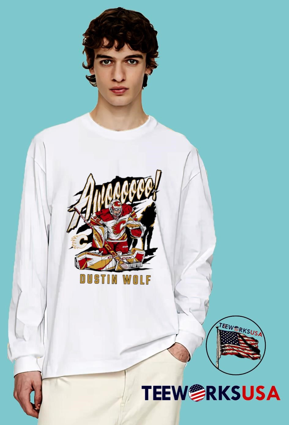 Awoooooo Dustin Wolf Calgary Flames hockey graphic - Adult & Kids T-Shirts, Sweatshirts & Hoodies apparel design preview 4