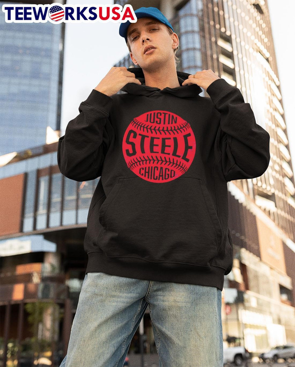 Justin Steele Chicago C Vintage Baseball - Adult & Kids T-Shirts, Sweatshirts & Hoodies apparel design preview 3