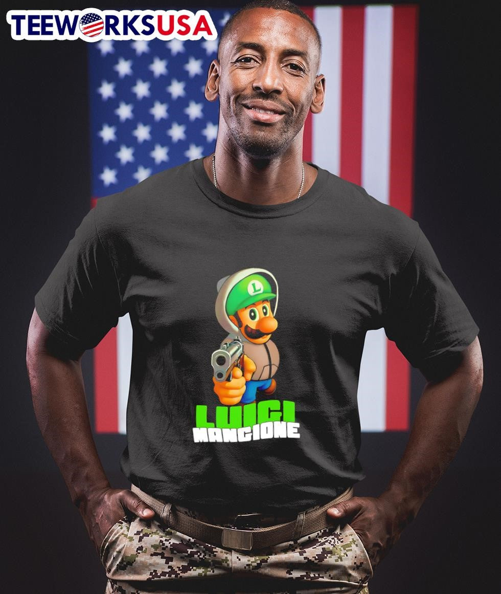 Luigi Mangione holding gun - Adult & Kids T-Shirts, Sweatshirts & Hoodies apparel design preview 1