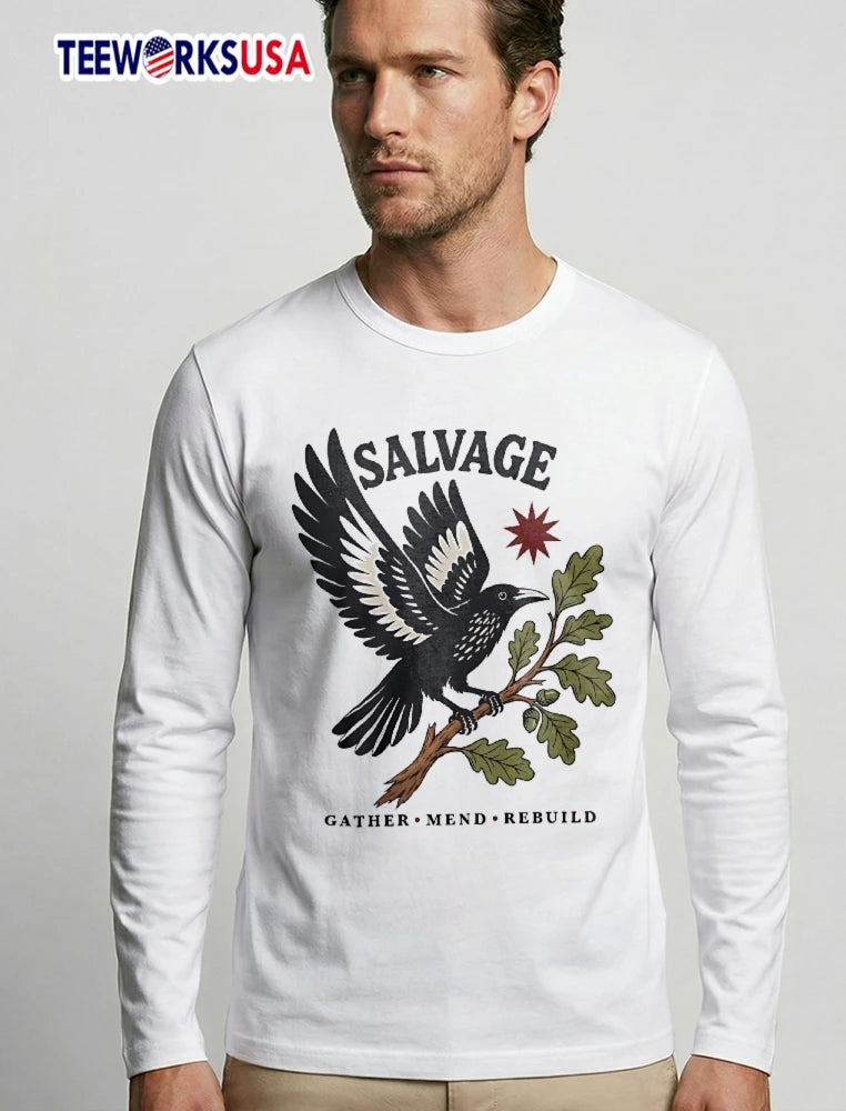 Salvage Gather Mend Rebuild Bird Perched Oak Branch - Adult & Kids T-Shirts, Sweatshirts & Hoodies apparel design preview 3