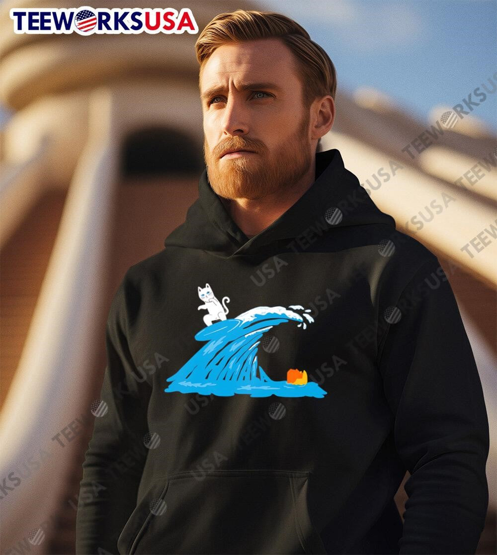 Skateboarding cat on Kamala wave engulfs Trump - Adult & Kids T-Shirts, Sweatshirts & Hoodies apparel design preview 2
