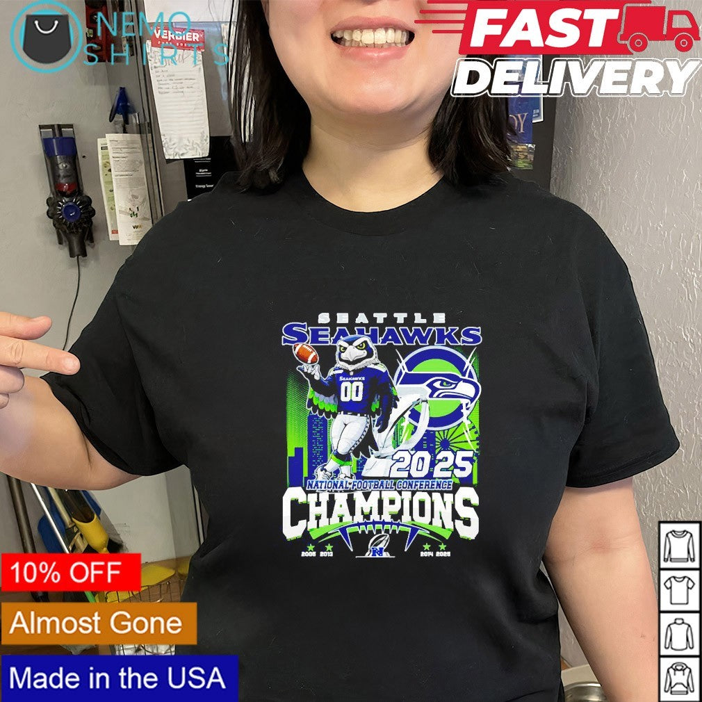 Seattle Seahawks 2025 NFC champions logo mascot city - Adult & Kids T-Shirts, Sweatshirts & Hoodies apparel design preview 2