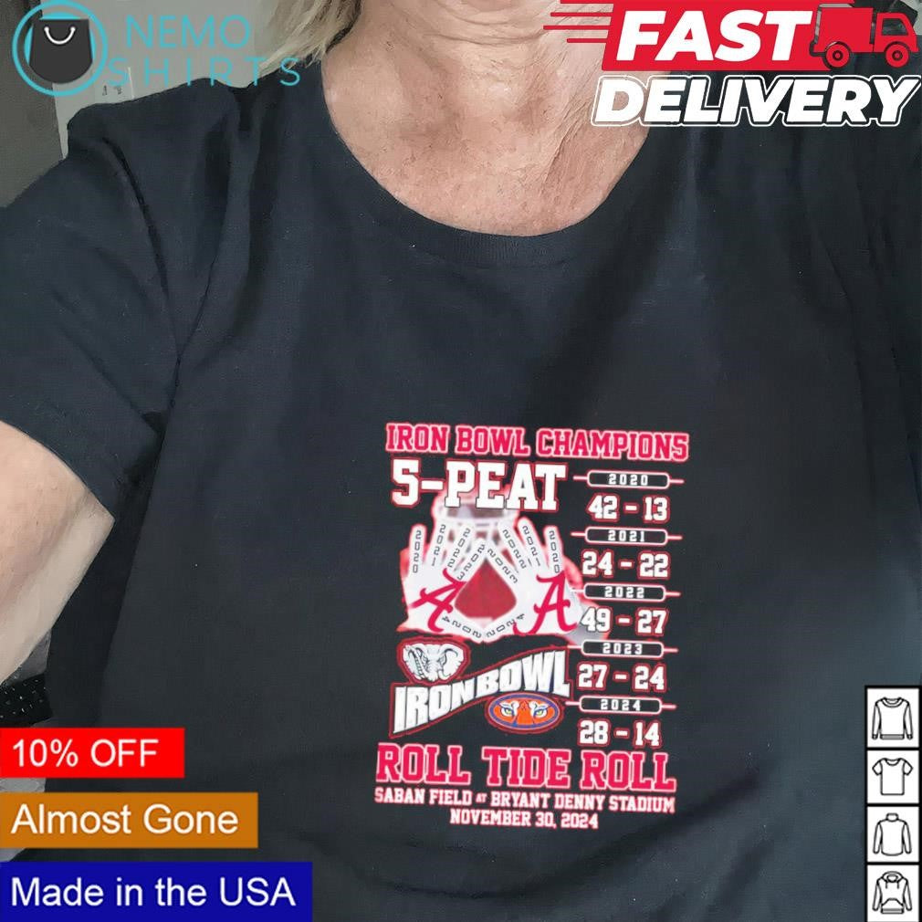 Alabama Crimson Tide roll Iron Bowl champions 5 peat - Adult & Kids T-Shirts, Sweatshirts & Hoodies apparel design preview 2