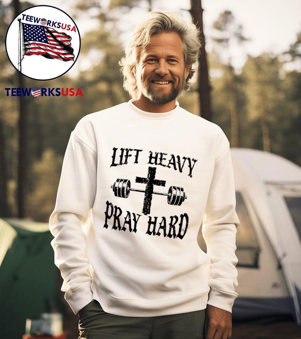 Lift Heavy Pray Hard With Cross And Barbell - Adult & Kids T-Shirts, Sweatshirts & Hoodies apparel design preview 3