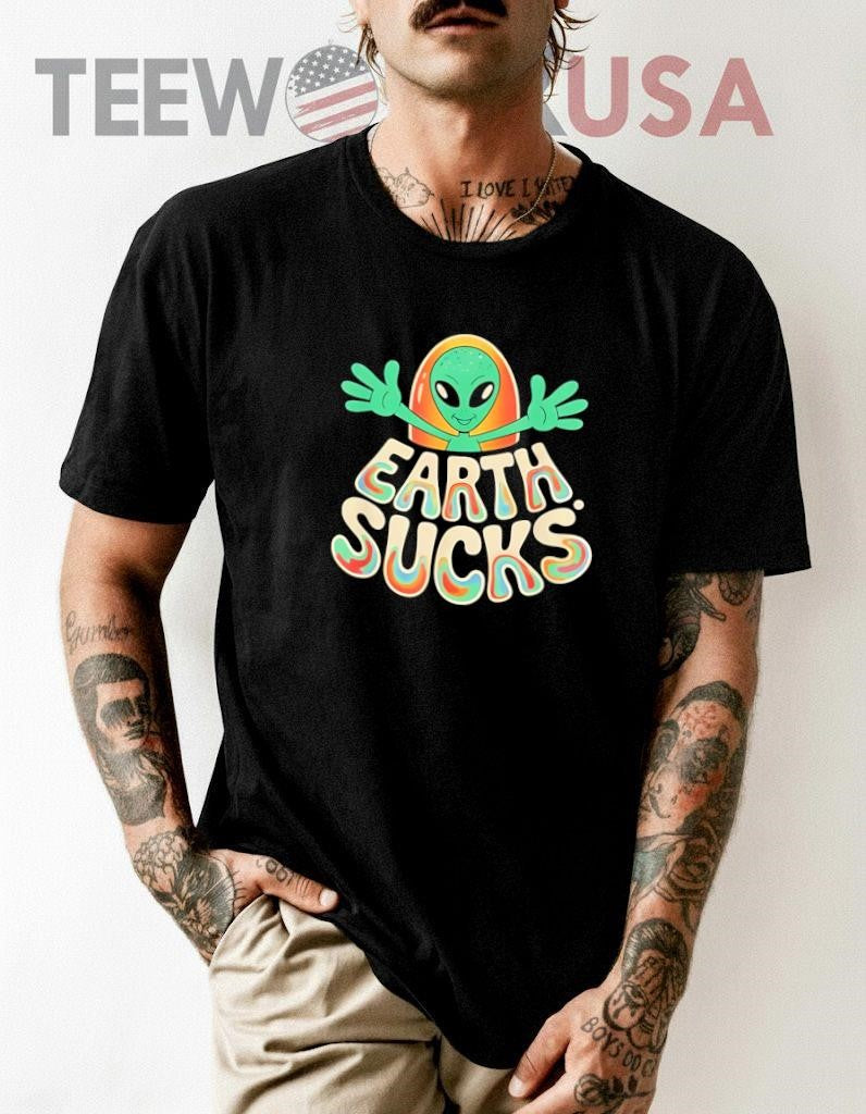 Earth Sucks Funny Alien Head Retro - Adult & Kids T-Shirts, Sweatshirts & Hoodies apparel design preview 1