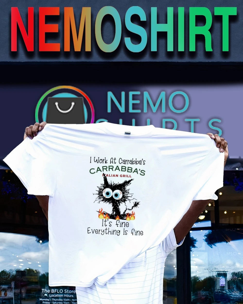 Black cat I work at Carrabba's it's fine everything - Adult & Kids T-Shirts, Sweatshirts & Hoodies apparel design preview 1