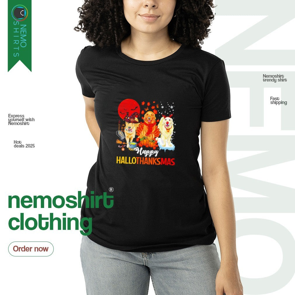 Golden dogs happy hallothanksmas - Adult & Kids T-Shirts, Sweatshirts & Hoodies apparel design preview 3