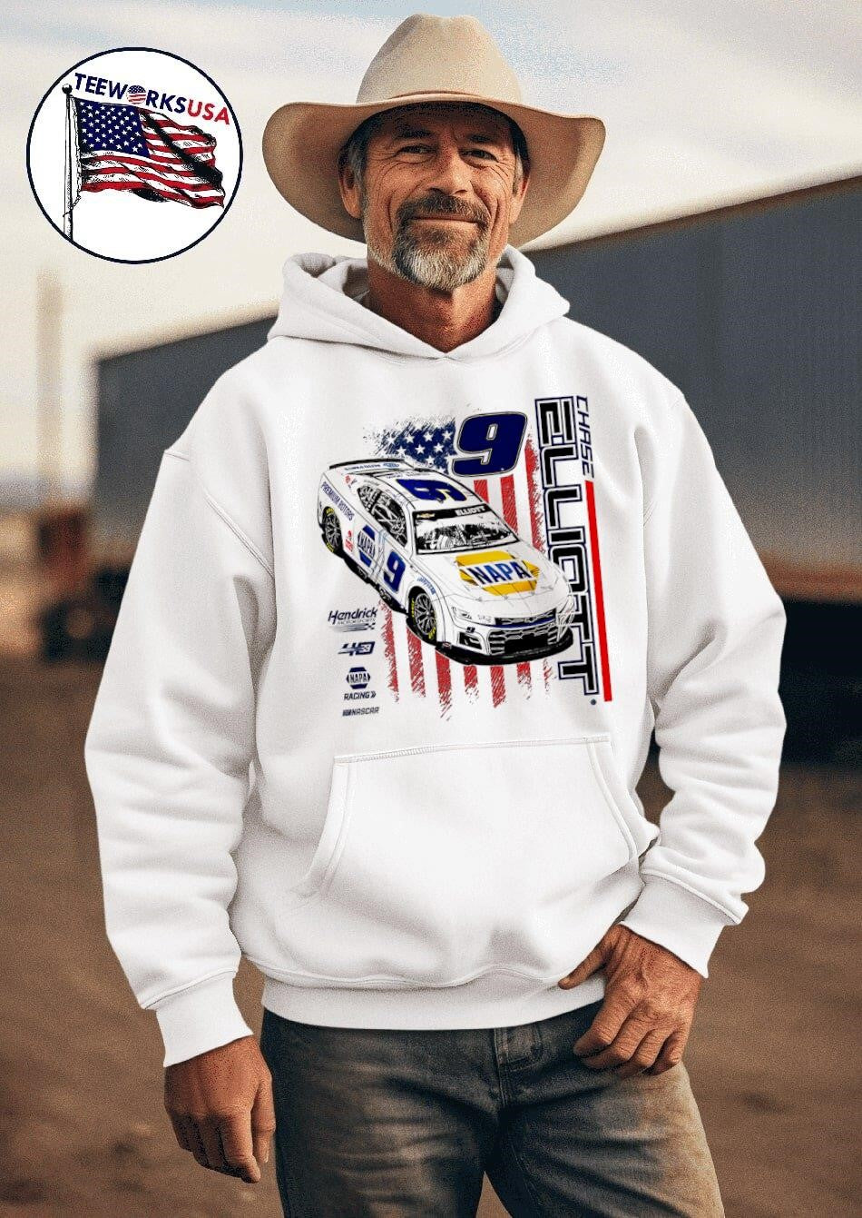 Chase Elliott 2024 NAPA Patriotic flag car retro - Adult & Kids T-Shirts, Sweatshirts & Hoodies apparel design preview 2