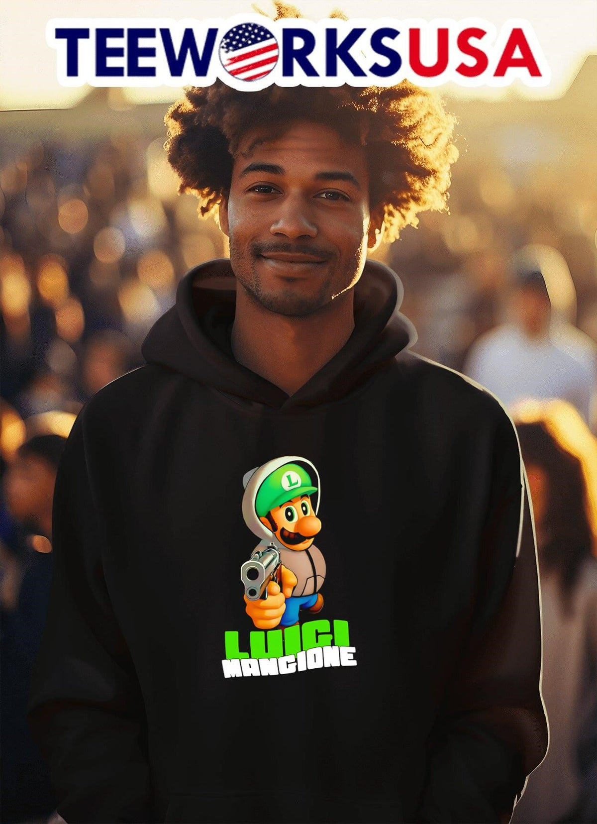 Luigi Mangione holding gun - Adult & Kids T-Shirts, Sweatshirts & Hoodies apparel design preview 2