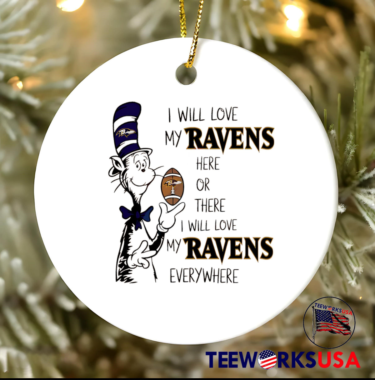 The Cat in Hat I Will Love My Ravens Here Or There - Adult & Kids T-Shirts, Sweatshirts & Hoodies apparel design preview 3
