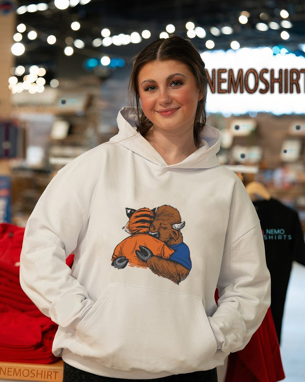 Buffalo Bills Cincinnati Bengals hug mascot - Adult & Kids T-Shirts, Sweatshirts & Hoodies apparel design preview 5