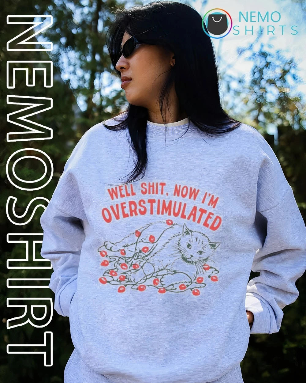 Well Shit Now I'm Overstimulated Cat christmas lights - Adult & Kids T-Shirts, Sweatshirts & Hoodies apparel design preview 4