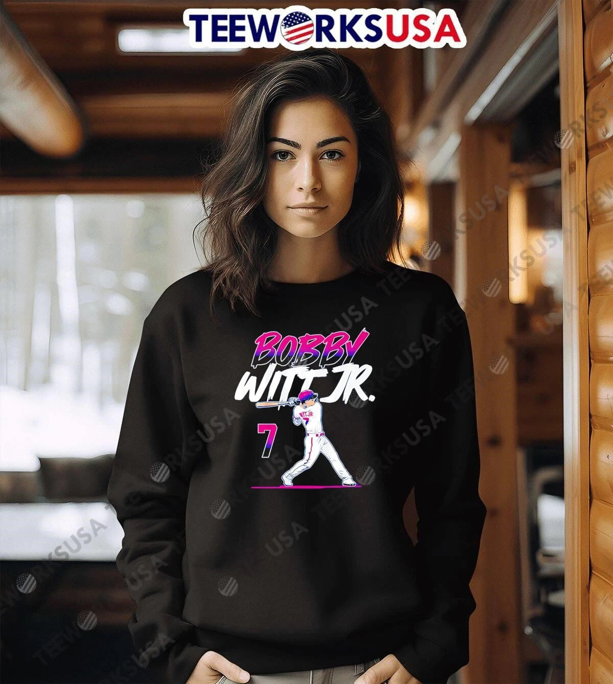 Bobby Witt Jr 7 Baseball Player Batting Pink White - Adult & Kids T-Shirts, Sweatshirts & Hoodies apparel design preview 6