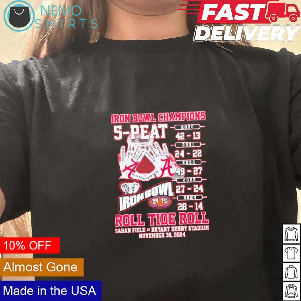 Alabama Crimson Tide roll Iron Bowl champions 5 peat - Adult & Kids T-Shirts, Sweatshirts & Hoodies apparel design preview 3