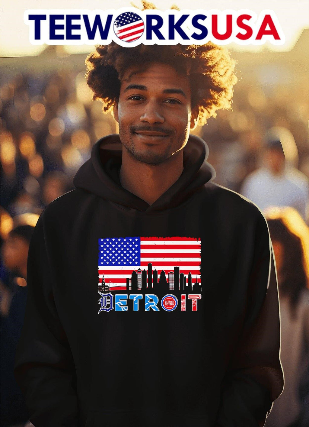 Detroit sports skyline American flag - Adult & Kids T-Shirts, Sweatshirts & Hoodies apparel design preview 2