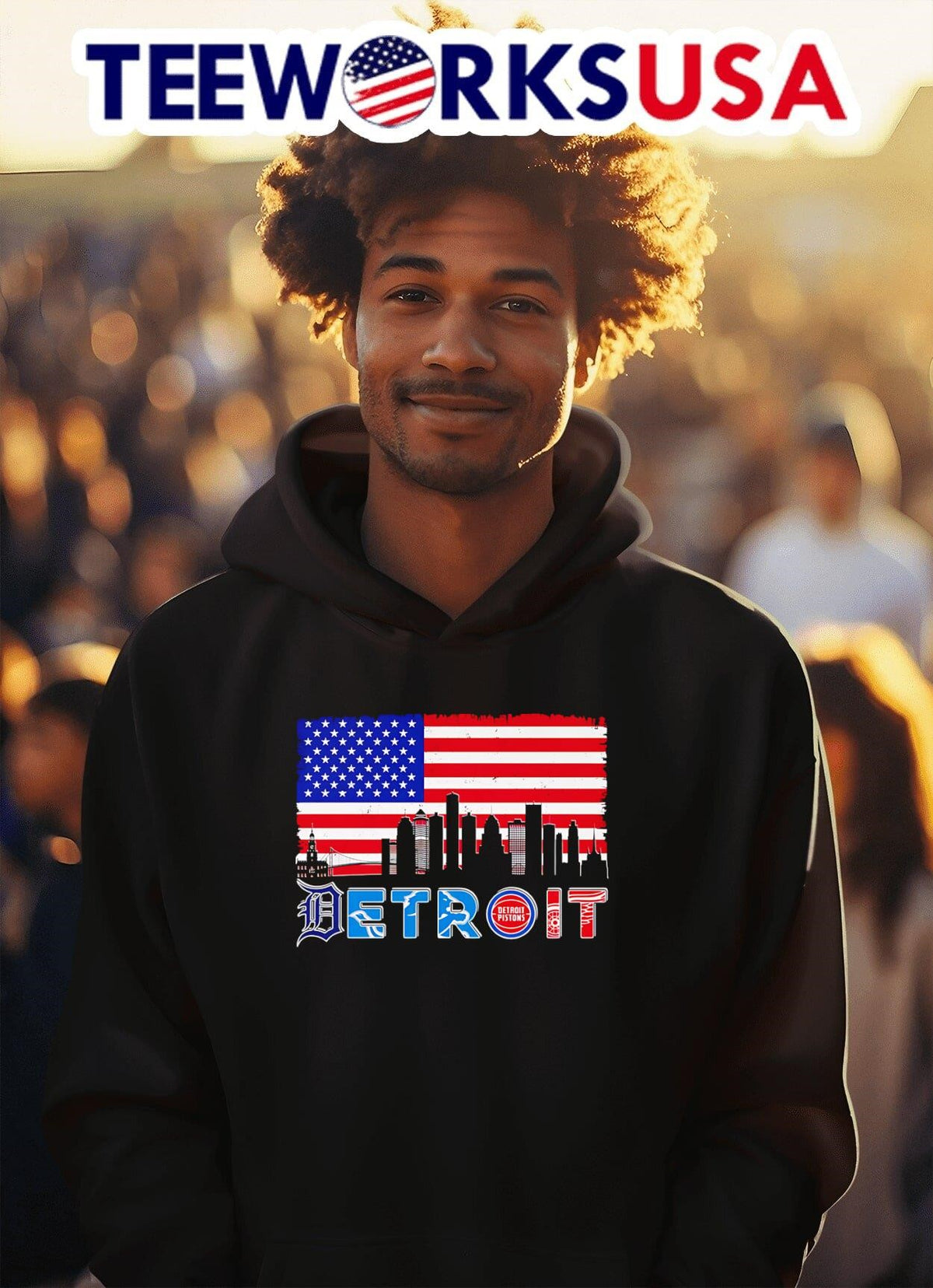 Detroit sports skyline American flag - Adult & Kids T-Shirts, Sweatshirts & Hoodies apparel design preview 2