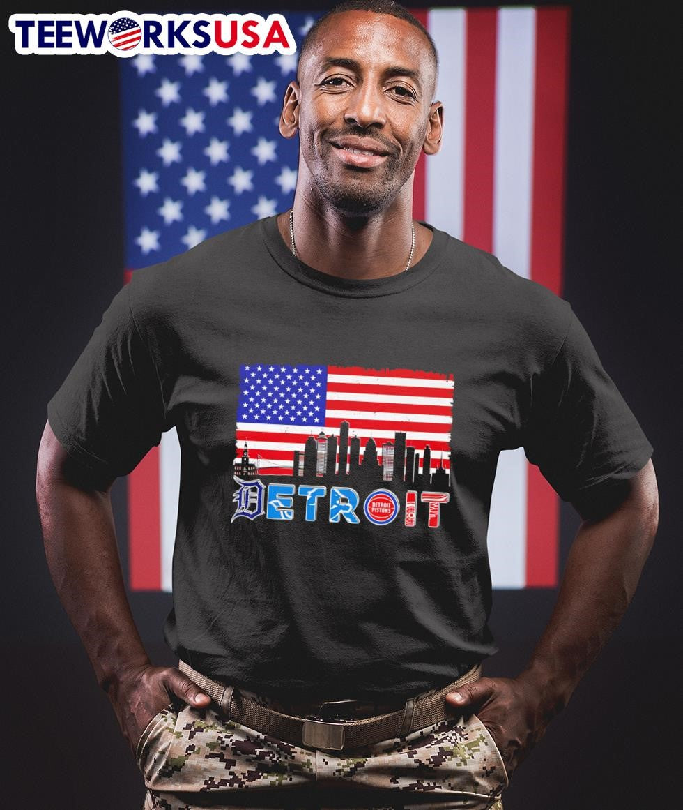 Detroit sports skyline American flag - Adult & Kids T-Shirts, Sweatshirts & Hoodies apparel design preview 1
