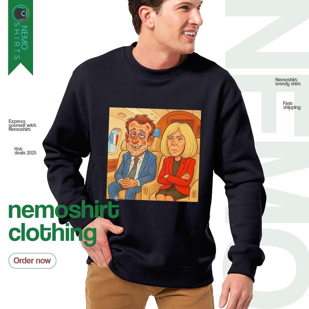 Emmanuel Macron slap and Brigitte on a plane cartoon - Adult & Kids T-Shirts, Sweatshirts & Hoodies apparel design preview 4