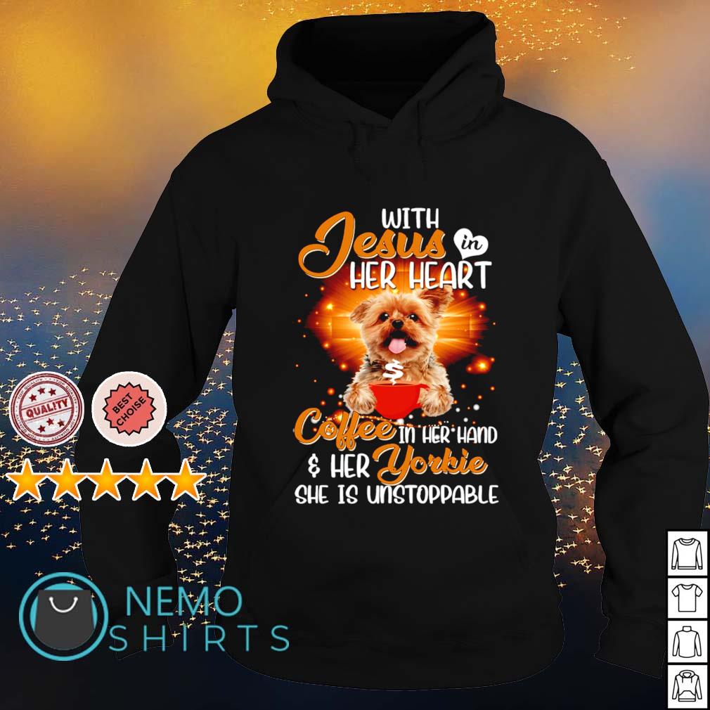 With Jesus in her heart coffee hand and Yorkie - Adult & Kids T-Shirts, Sweatshirts & Hoodies apparel design preview 2
