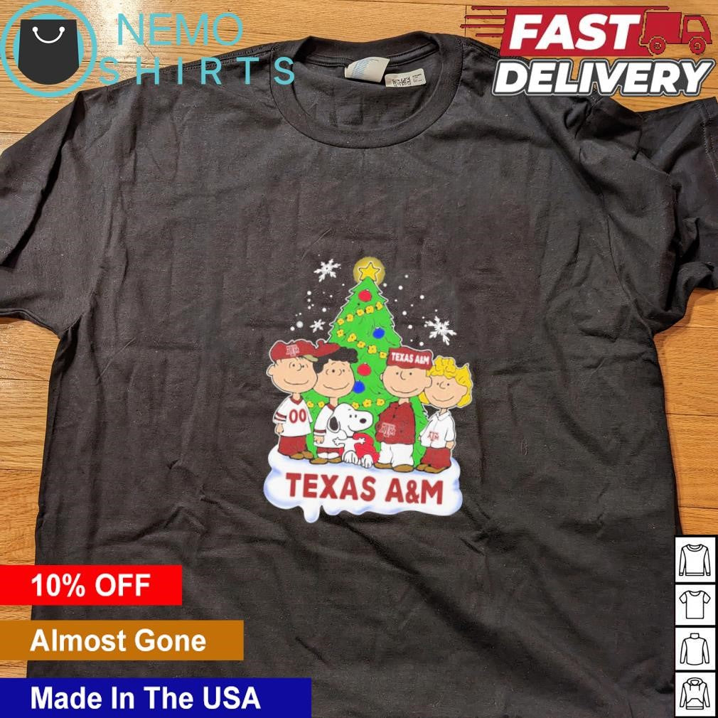 Texas A&M Peanuts characters stand beside Christmas - Adult & Kids T-Shirts, Sweatshirts & Hoodies apparel design preview 4