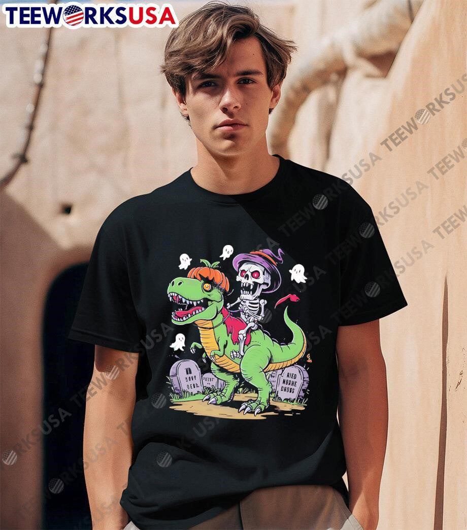 Skeleton Riding Mummy Dinosaur T Rex Halloween retro - Adult & Kids T-Shirts, Sweatshirts & Hoodies apparel design preview 1